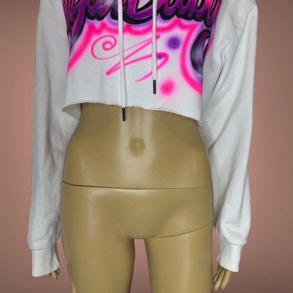 Zara Womens Crop Top Hooded Medium M White Pink Logo Sugar Baby Print Stretch - Picture 7 of 13
